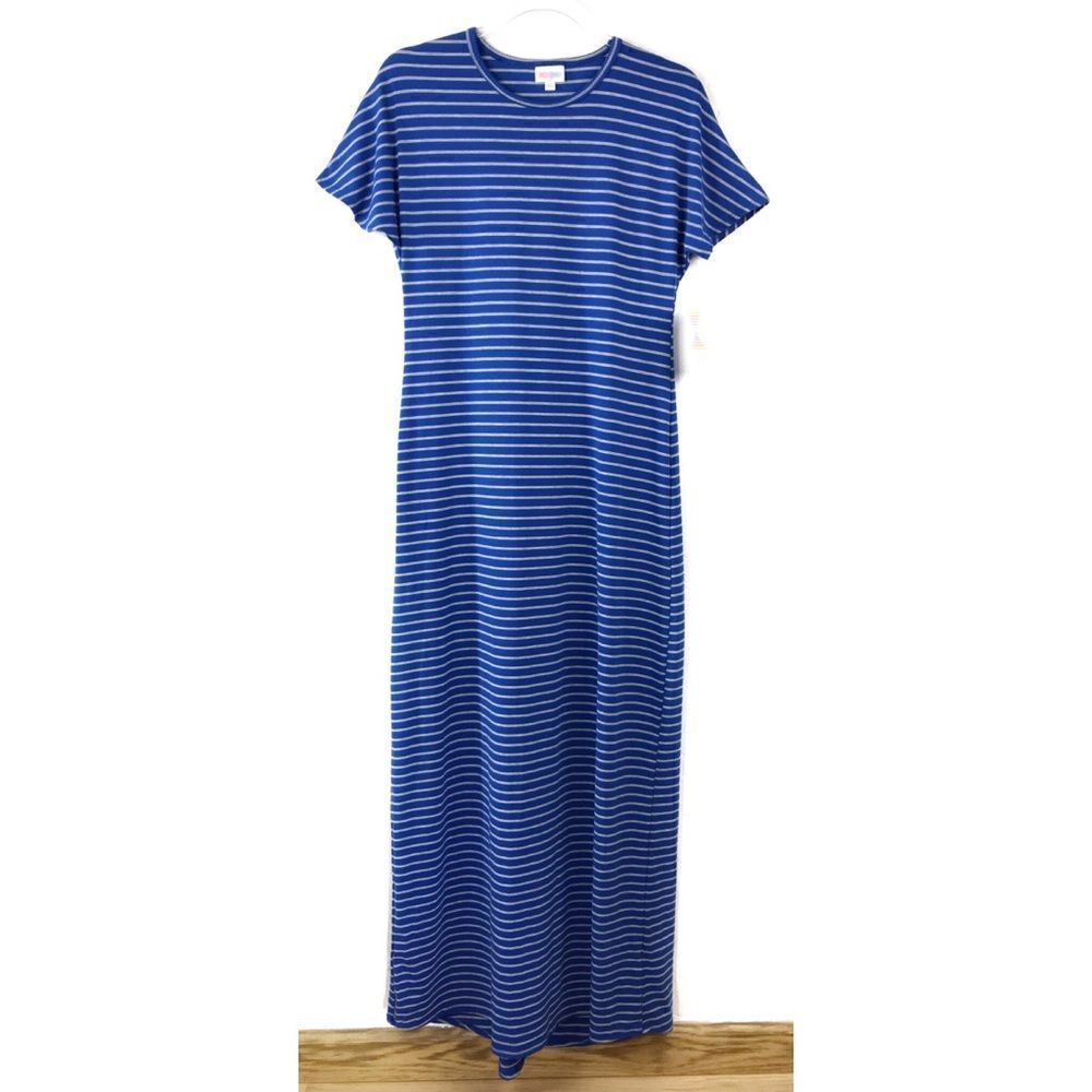 LuLaRoe Maria Blue Gray Striped Maxi Dress XS NWT